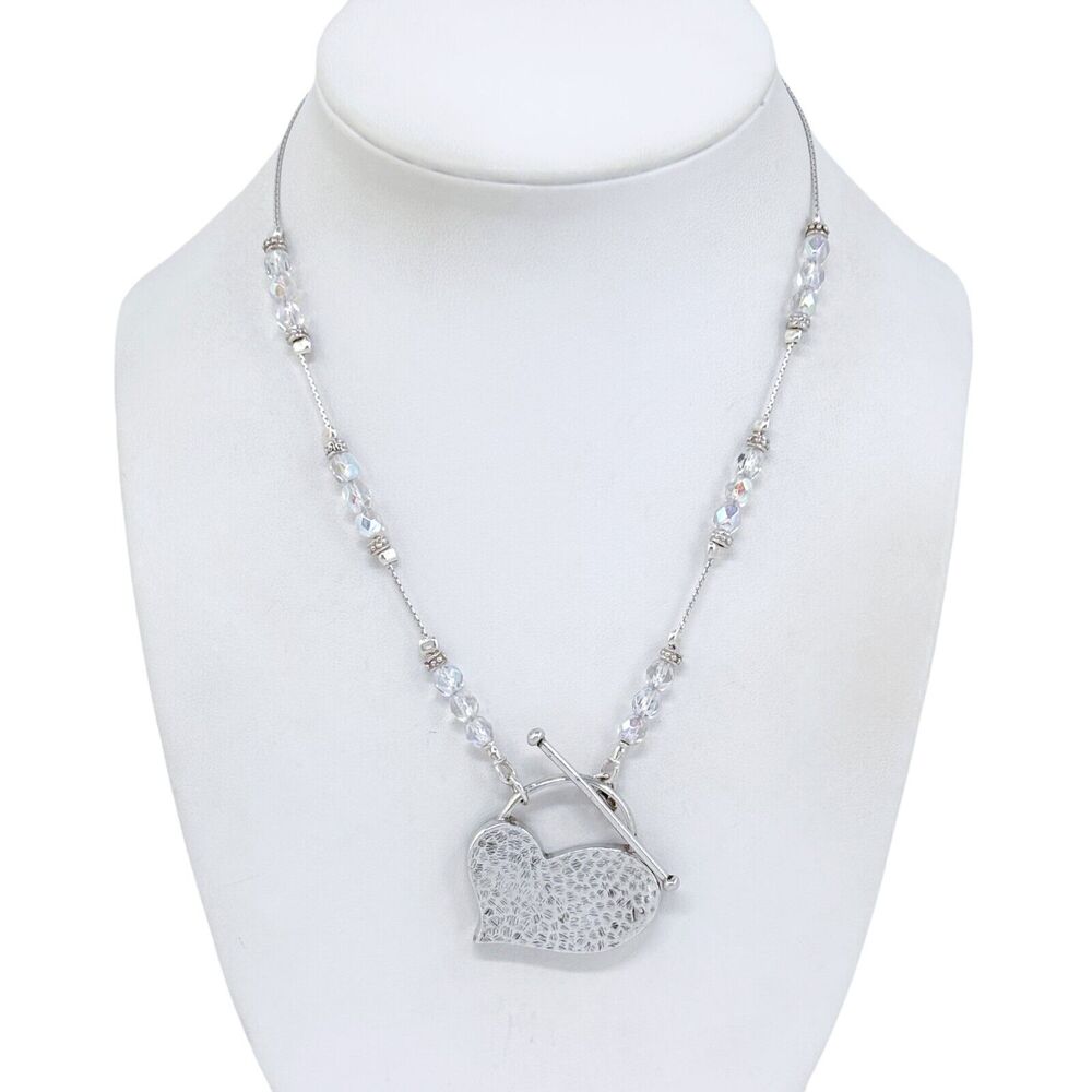 Vintage Sterling Silver 925 Crystal Beaded Heart Pendant Toggle Necklace 16"